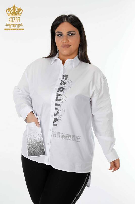 Wholesale Women's Shirt Crystal Stone Embroidered White - 20136 | KAZEE