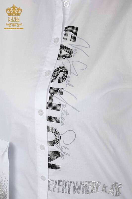 Wholesale Women's Shirt Crystal Stone Embroidered White - 20136 | KAZEE