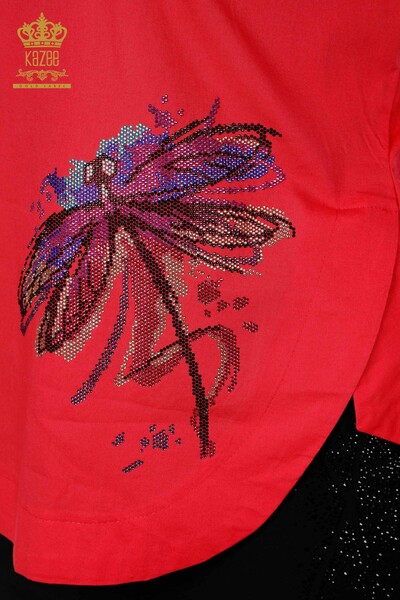 Wholesale Women's Shirt Dragonfly Detailed Colored Stone Embroidered Cotton - 20120 | KAZEE - Thumbnail (2)