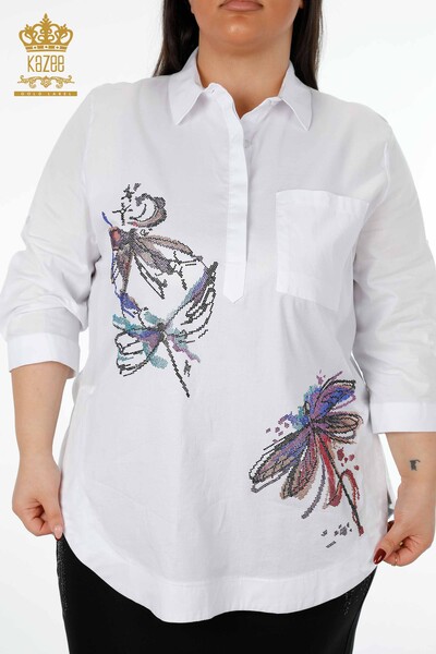 Wholesale Women's Shirt Dragonfly Detailed Colored Stone Embroidered Cotton - 20120 | KAZEE - Thumbnail