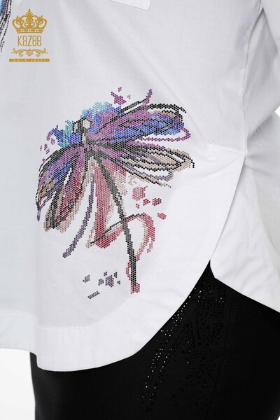 Wholesale Women's Shirt Dragonfly Detailed Colored Stone Embroidered Cotton - 20120 | KAZEE - Thumbnail