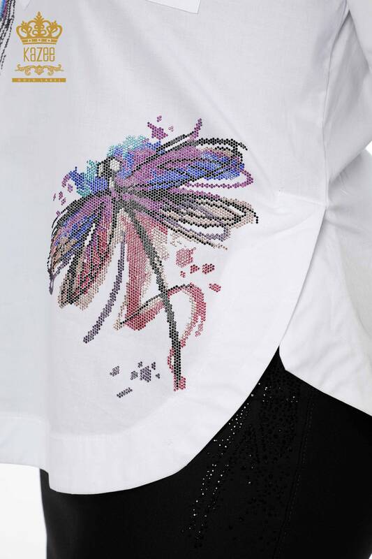 Wholesale Women's Shirt Dragonfly Detailed Colored Stone Embroidered Cotton - 20120 | KAZEE