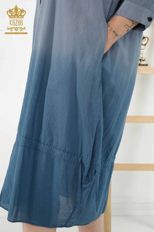 Wholesale Women's Shirt Dress Color Transition With Pocket Navy Blue - 20365 | KAZEE