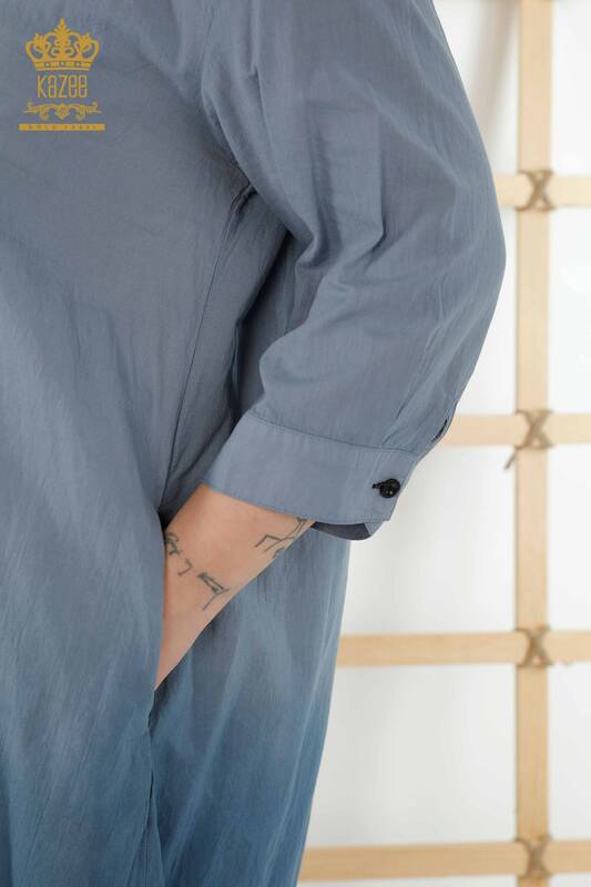 Wholesale Women's Shirt Dress Color Transition With Pocket Navy Blue - 20365 | KAZEE