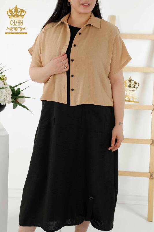 Wholesale Women's Shirt Dress Short Sleeve Patterned Beige - 20377 | KAZEE