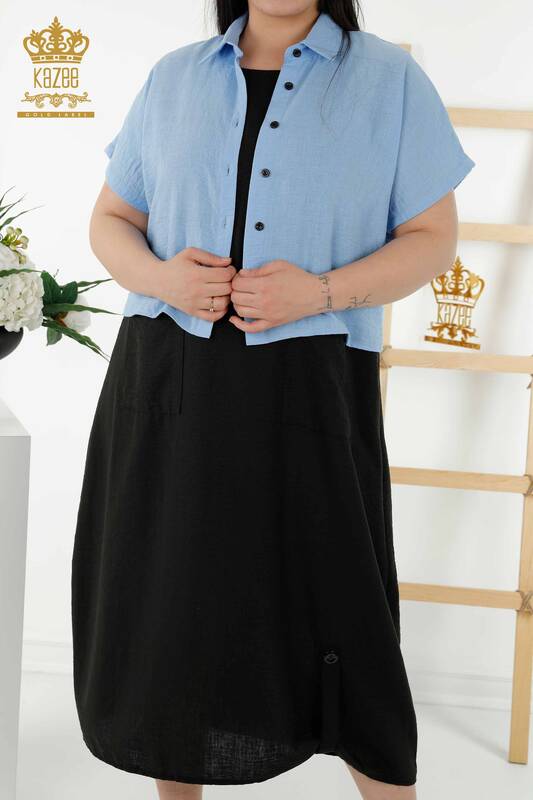 Wholesale Women's Shirt Dress - Short Sleeve - Patterned Blue - 20377 | KAZEE