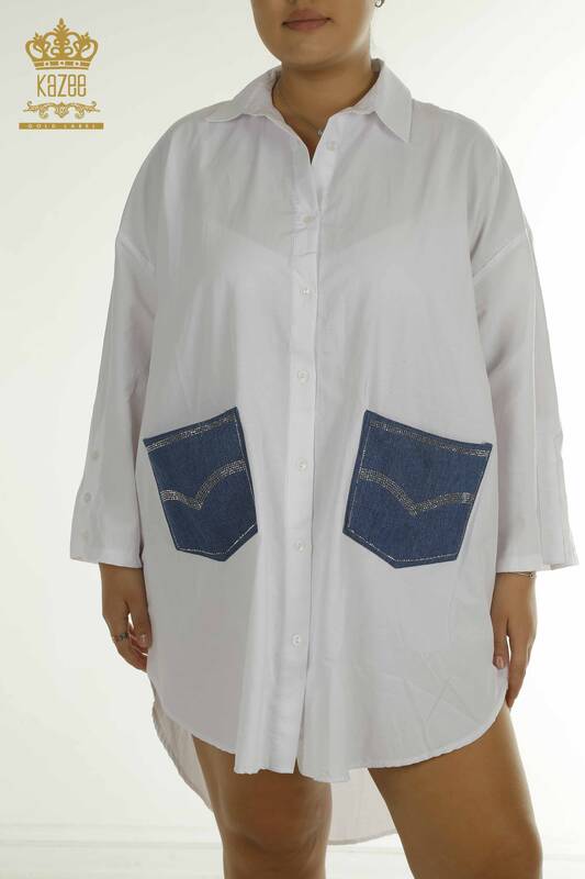 Wholesale Women's Shirt Dress Stone Embroidered Ecru - 2402-211636 | S&M