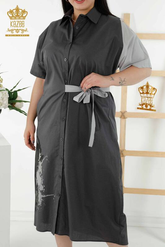 Wholesale Women's Shirt Dress - Two Colors - Anthracite Gray - 20378 | KAZEE