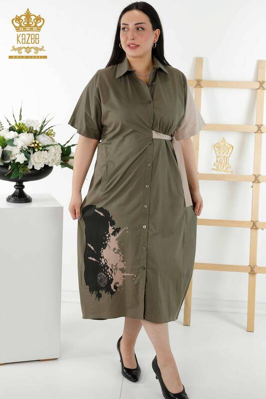 Wholesale Women's Shirt Dress - Two Colors - Khaki Beige - 20378 | KAZEE