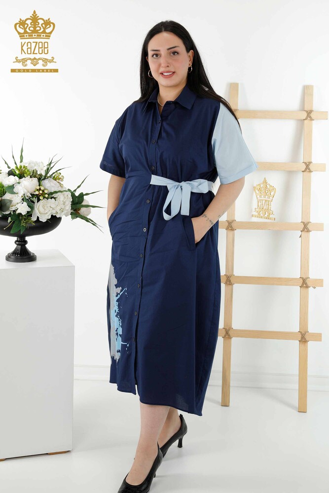 Wholesale Women's Shirt Dress - Two Colors - Navy Blue - 20378 | KAZEE - 1