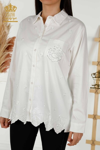 Wholesale Women's Shirt Floral Patterned Ecru with Pocket - 20412 | KAZEE - Thumbnail