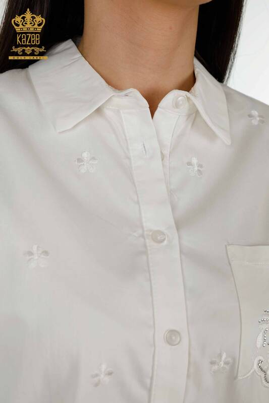 Wholesale Women's Shirt Floral Patterned Ecru with Pocket - 20412 | KAZEE