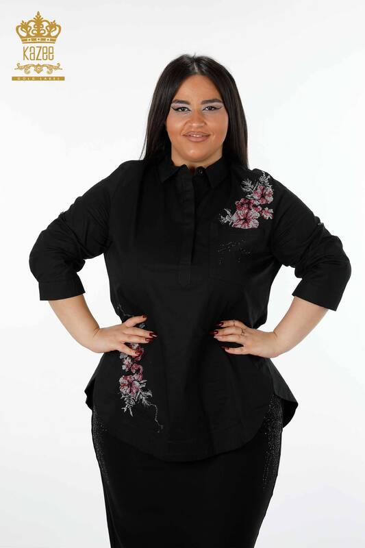 Wholesale Women's Shirt Flower Embroidered Pocket Detailed Colored Stone Embroidered - 20112 | KAZEE