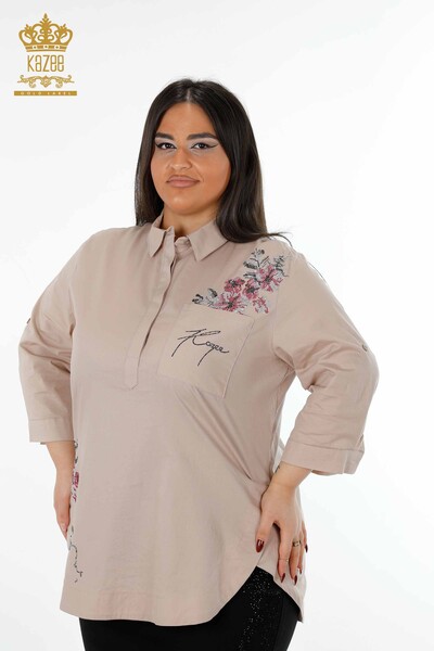 Wholesale Women's Shirt Flower Embroidered Pocket Detailed Colored Stone Embroidered - 20112 | KAZEE - Thumbnail