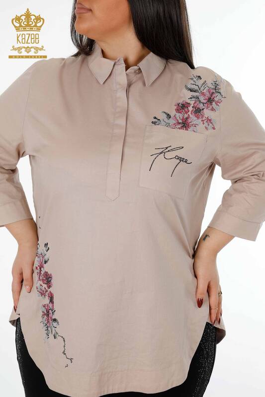 Wholesale Women's Shirt Flower Embroidered Pocket Detailed Colored Stone Embroidered - 20112 | KAZEE