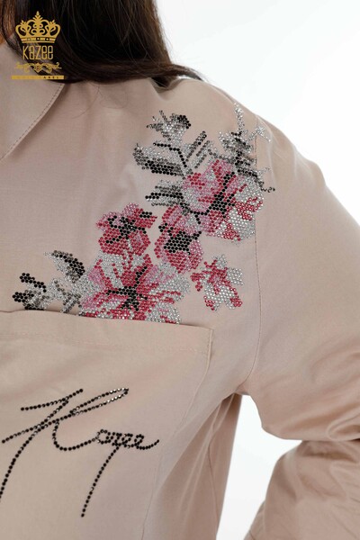 Wholesale Women's Shirt Flower Embroidered Pocket Detailed Colored Stone Embroidered - 20112 | KAZEE - Thumbnail