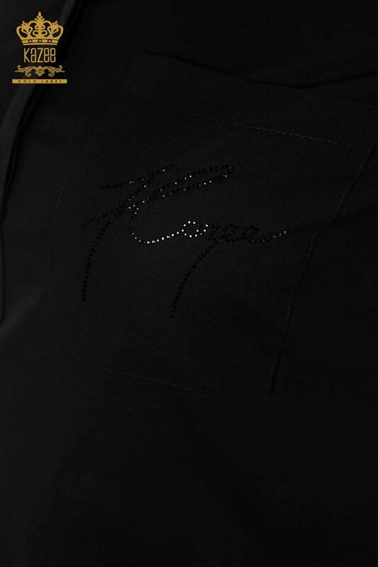Wholesale Women's Shirt Half Button Black - 20130 | KAZEE