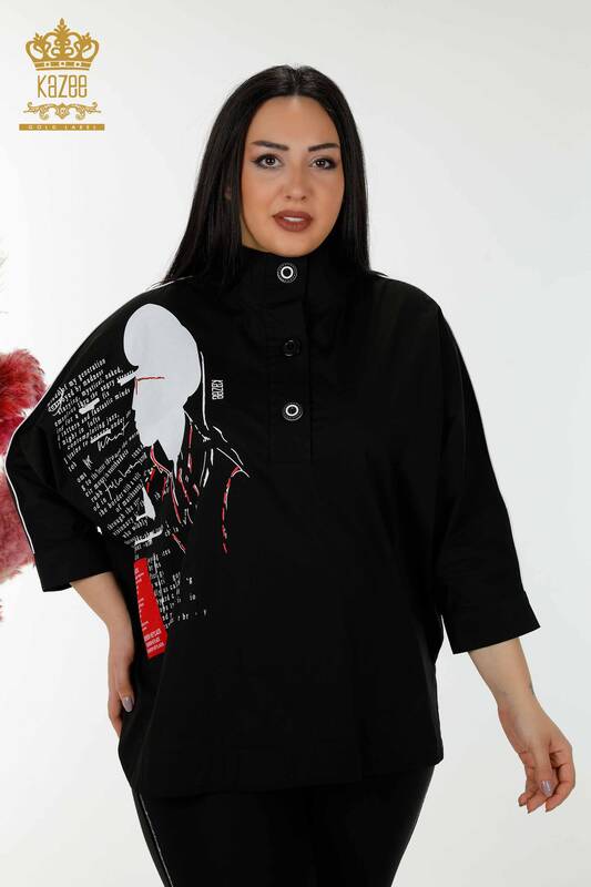 Wholesale Women's Shirt Half Button Black - 20307 | KAZEE