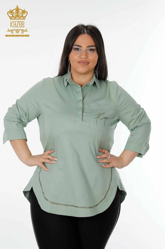 Wholesale Women's Shirt Half Button Mint - 20130 | KAZEE