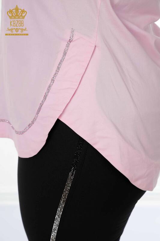 Wholesale Women's Shirt Half Button Pink - 20130 | KAZEE