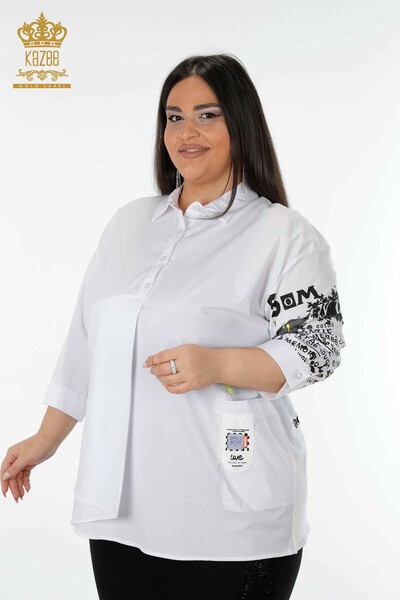 Wholesale Women's Shirt Half Button White - 20096 | KAZEE - Thumbnail