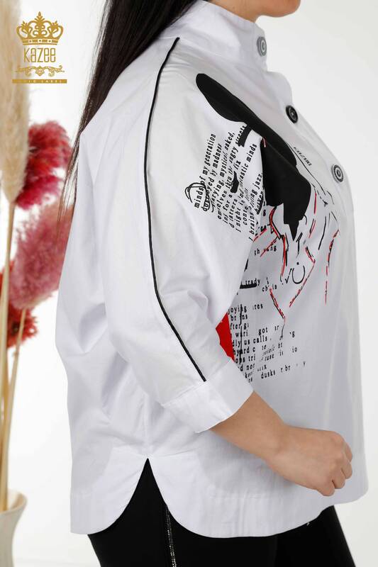 Wholesale Women's Shirt Half Button White - 20307 | KAZEE
