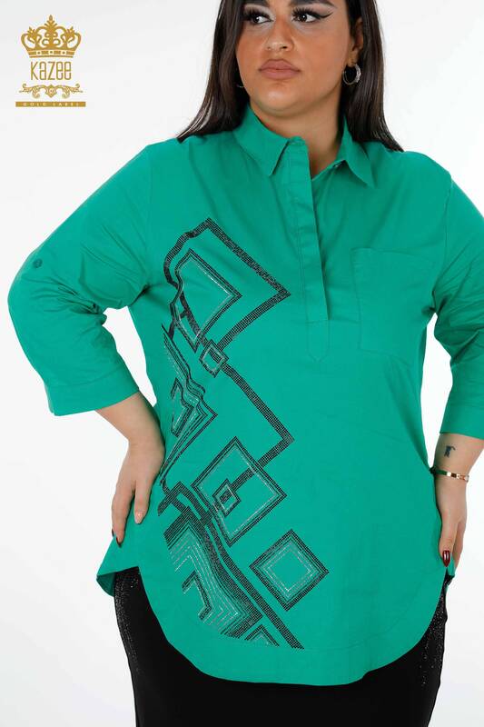 Wholesale Women's Shirt Patterned Crystal Stone Embroidered Cotton - 20125 | KAZEE