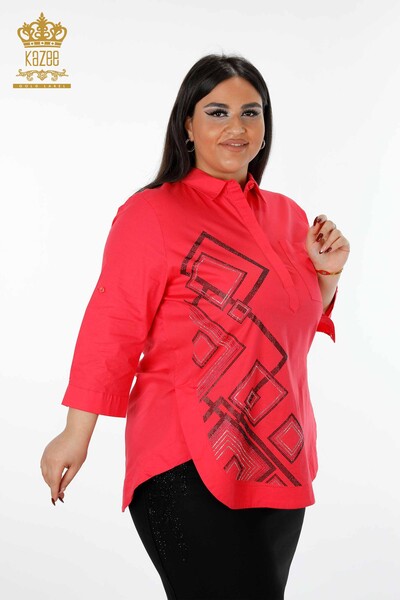 Wholesale Women's Shirt Patterned Crystal Stone Embroidered Cotton - 20125 | KAZEE - Thumbnail