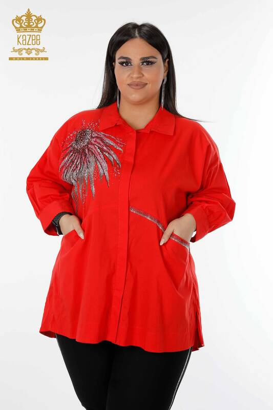 Wholesale Women's Shirt Patterned Coral with Pocket - 20197 | KAZEE