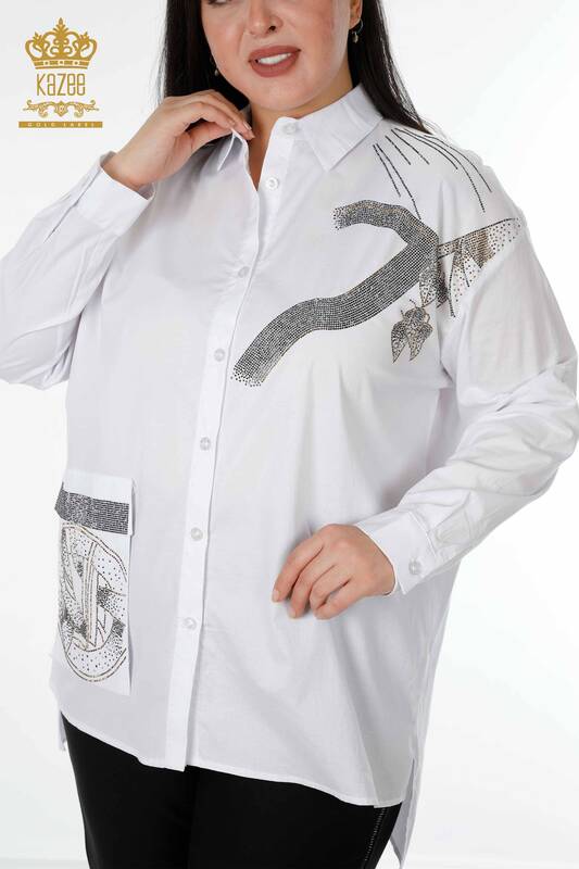 Wholesale Women's Shirt Patterned White With Pocket - 20092 | KAZEE