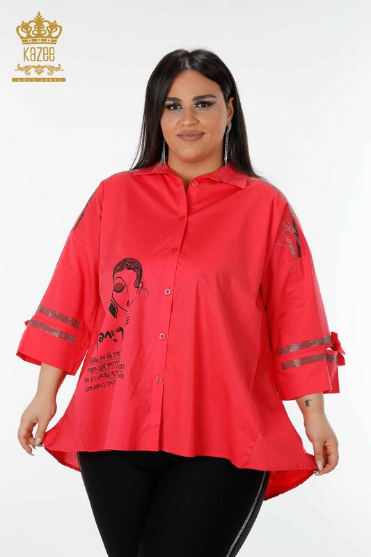 Wholesale Women's Shirt Patterned Letter Detailed Coral - 17141 | KAZEE