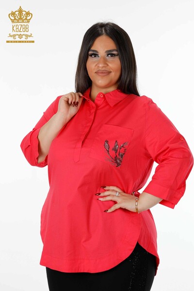 Wholesale Women's Shirt with Pocket Detailed Colored Stone Embroidered Pattern - 20127 | KAZEE - Thumbnail