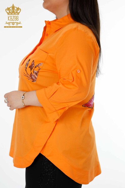 Wholesale Women's Shirt with Pocket Detailed Colored Stone Embroidered Pattern - 20127 | KAZEE - Thumbnail