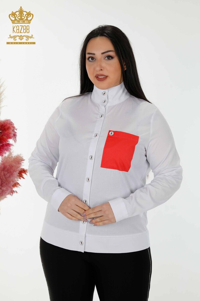 Wholesale Women's Shirt Pocket Detailed White Coral - 20309 | KAZEE - 1