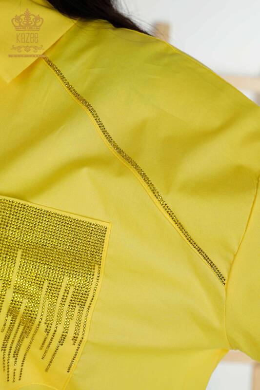 Wholesale Women's Shirt - Pocket Stone Embroidered - Yellow - 20346 | KAZEE