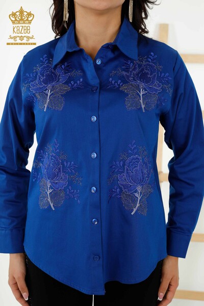 Wholesale Women's Shirt Rose Pattern Dark Blue - 20243 | KAZEE - Thumbnail