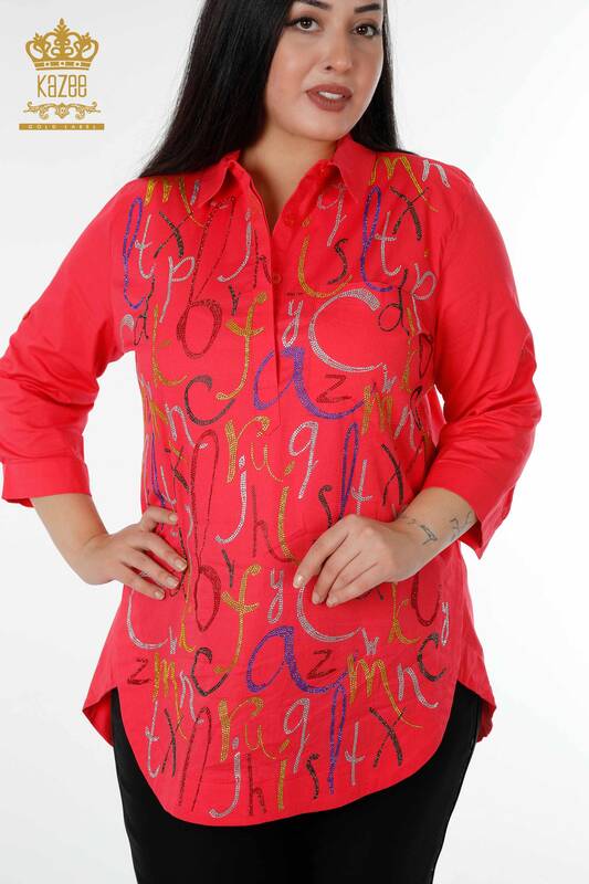 Wholesale Women's Shirt Letter Pattern Coral - 20123 | KAZEE