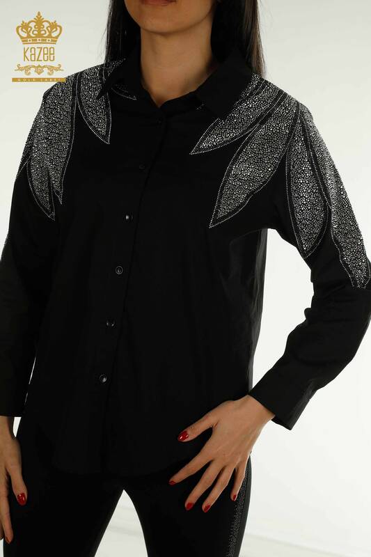 Wholesale Women's Shirt with Shoulder Detail Black - 20478 | KAZEE