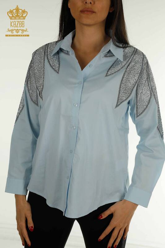 Wholesale Women's Shirt with Shoulder Detail Blue - 20478 | KAZEE