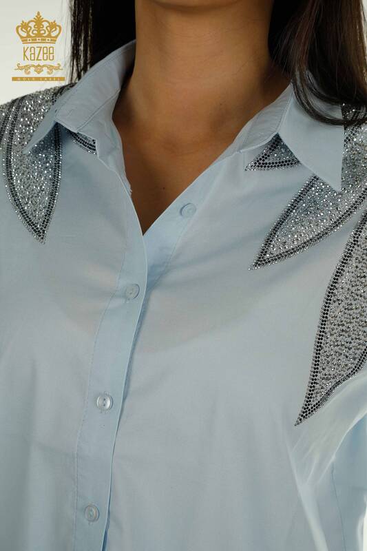 Wholesale Women's Shirt with Shoulder Detail Blue - 20478 | KAZEE