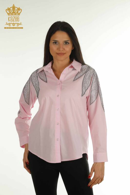 Wholesale Women's Shirt with Shoulder Detail Pink - 20478 | KAZEE