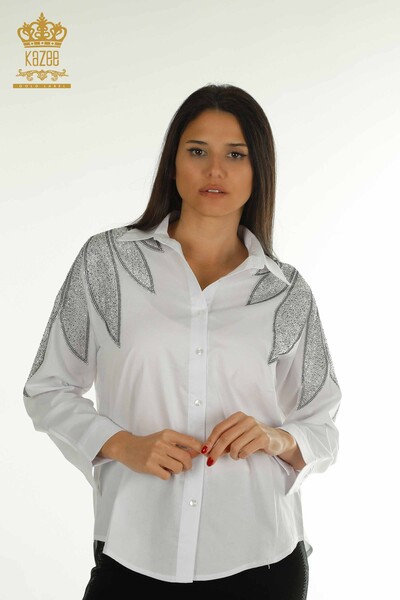 Wholesale Women's Shirt White with Shoulder Detail - 20478 | KAZEE - Kazee