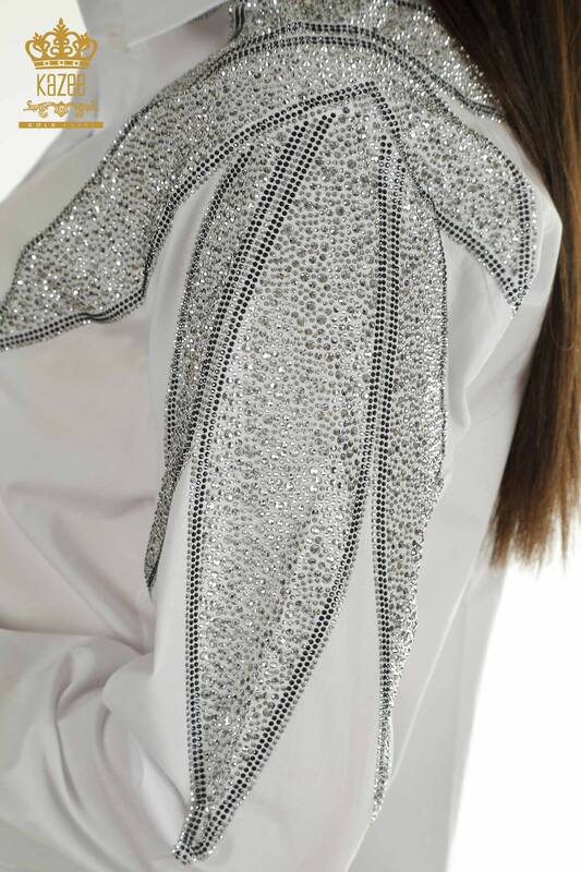 Wholesale Women's Shirt White with Shoulder Detail - 20478 | KAZEE