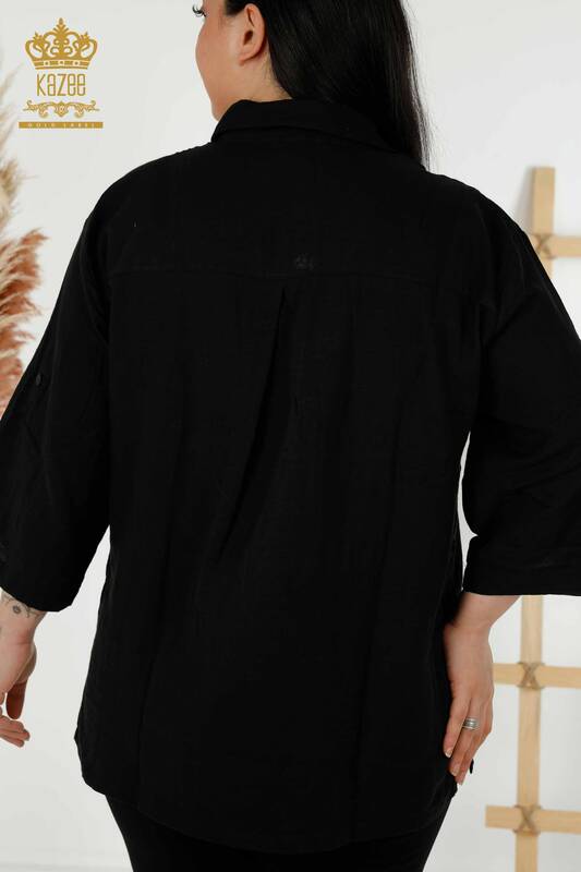 Wholesale Women's Shirt - Sleeve Button Detailed - Black - 20403 | KAZEE