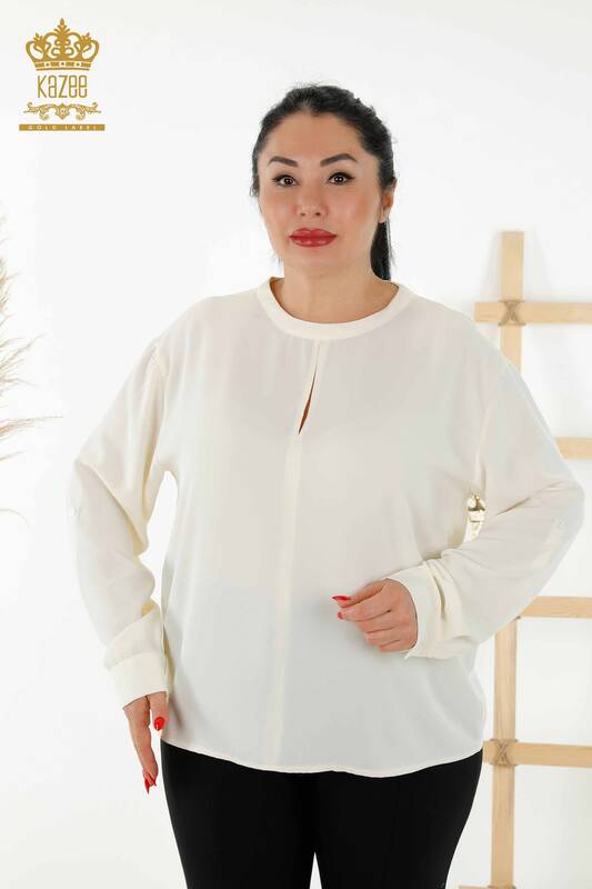 Wholesale Women's Shirt - Sleeve - Button Detailed - Ecru - 20376 | KAZEE