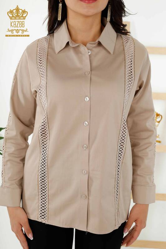 Wholesale Women's Shirt - Sleeve Detailed - Beige - 20247 | KAZEE