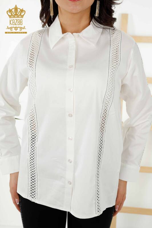 Wholesale Women's Shirt - Sleeve Detailed - Ecru - 20247 | KAZEE