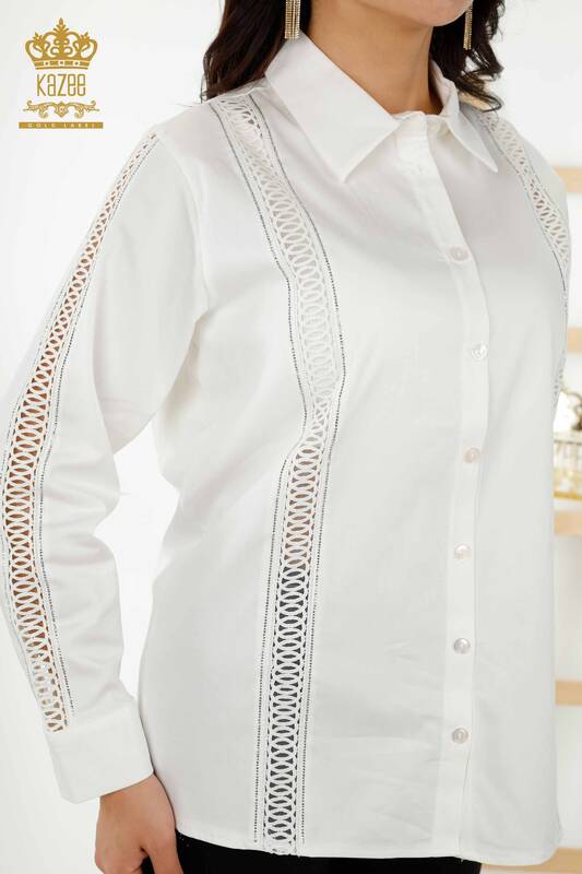 Wholesale Women's Shirt - Sleeve Detailed - Ecru - 20247 | KAZEE