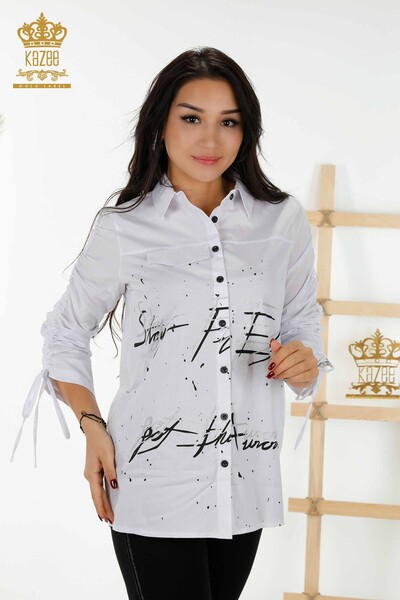 Wholesale Women's Shirt - Drawstring Sleeve White - 20322 | KAZEE - Thumbnail