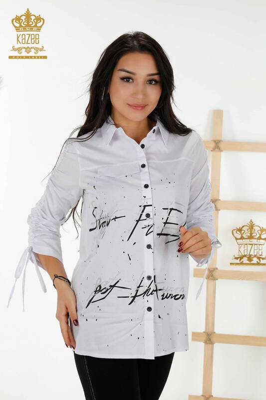 Wholesale Women's Shirt - Drawstring Sleeve White - 20322 | KAZEE